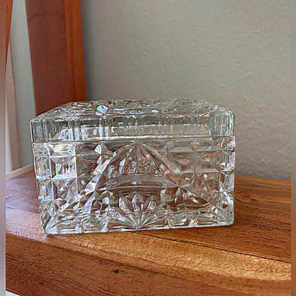 Vintage Pressed‎ Glass Trinket Box Floral Fan Arch Pattern Glass Vanity
